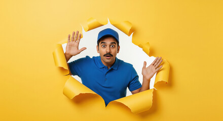 Handsome young Indian man with beard and afro peeking through a torn paper wall, pointing upward with a smile