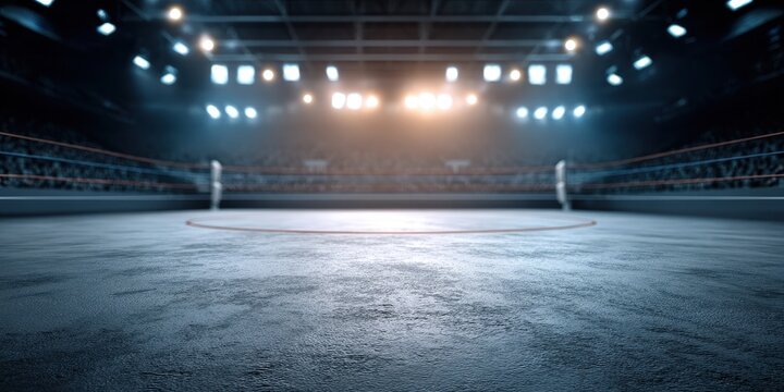 Empty illuminated wrestling arena with ring ropes and audience seats