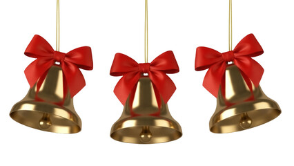 Three golden Christmas bells with red bows PNG isolated on transparent background, festive holiday...