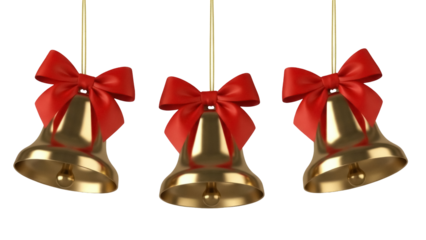 Three golden Christmas bells with red bows PNG isolated on transparent background, festive holiday decoration for design use