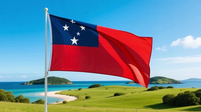 National Flag of Samoa Hanging Over Still Island Meadows, Polynesian Country Symbol and Samoan Nature Concept, 4K Video Footage