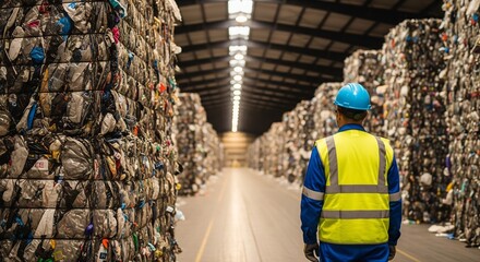 Naklejka premium Worker in recycling facility surrounded by compacted trash bales
