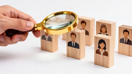 Hand with magnifying glass inspecting wooden blocks