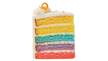 Colorful rainbow cake slice isolated PNG on transparent background, delicious dessert with frosting and orange peel garnish for party or celebration