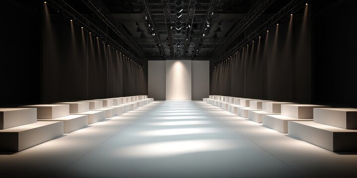 Empty modern fashion catwalk with illuminated runway and audience seating blocks.