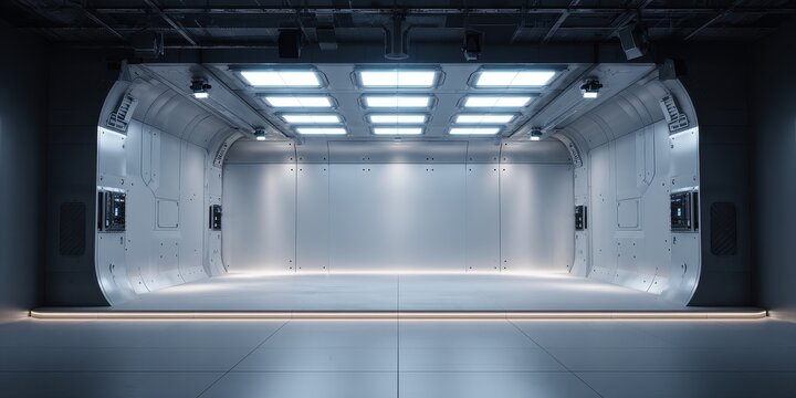Clean and modern empty white gaming stage with bright overhead lighting.