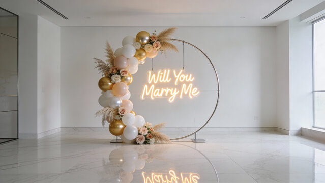 Luxury engagement setup in a bright modern room with marble floors, circular balloon and pampas garland, LED &ldquo;Will You Marry Me&rdquo; sign, photorealistic, Valentine&rsquo;s Day, no people.