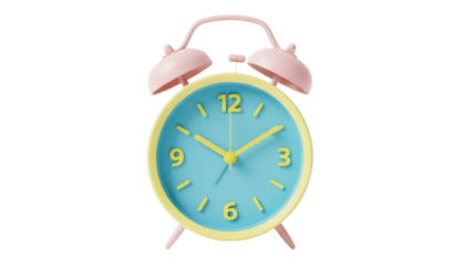 Pastel alarm clock PNG isolated on transparent background, cute retro style clock with pink and yellow design for time management and decoration