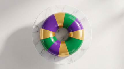 Minimalist top view of glossy ring king cake in purple, green and gold segments on marble plate. Modern graphic symbol of Mardi Gras carnival celebration and festive branding.