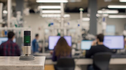 Fototapeta premium Close focus on noise level sensor in a lab setting while students and scientific equipment are out of focus to emphasize environmental monitoring.