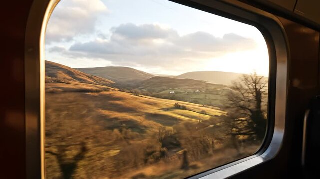 Train window view of rolling hills and trees