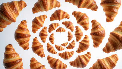 Delicious croissants swirling in a delightful pattern under soft light