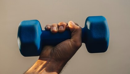 Close up of a person's hand holding a blue dumbbell for exercise and fitness