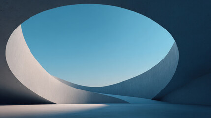 Fototapeta premium Abstract minimalist architecture with large circular opening to the blue sky.