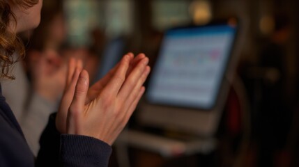 one students hands are sharp as AIguided feedback on rhythm and tempo appears on a nearby display with the rest of the setting in soft focus.