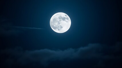 telephoto. A super moon glowing in the night sky with delicate cloud wisps and cool blue tones, revealing lunar details. travel magazines.
