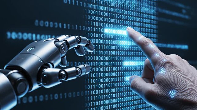 Human hand and robotic arm interacting with binary code