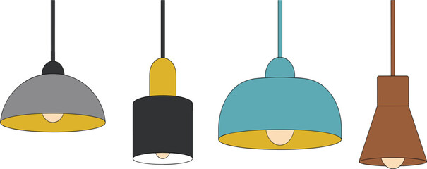 Modern pendant light set with colorful industrial hanging lamps, interior home decor vector flat illustration collection