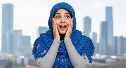 Young woman in winter wear giving shocking expression