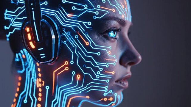 Futuristic Humanoid Robot with Circuit Board Design and Headphones in Profile View