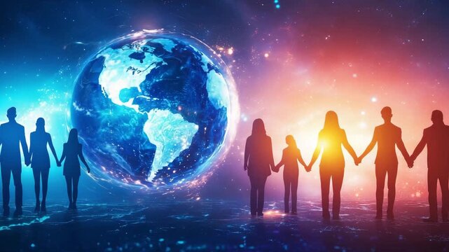 A group of people stand together holding hands in front of a glowing Earth against a cosmic background filled with stars
