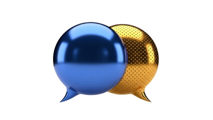 Two overlapping speech bubbles PNG isolated on transparent background, blue and gold 3D rendering conversation balloons for communication and social media