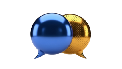 Two overlapping speech bubbles PNG isolated on transparent background, blue and gold 3D rendering conversation balloons for communication and social media