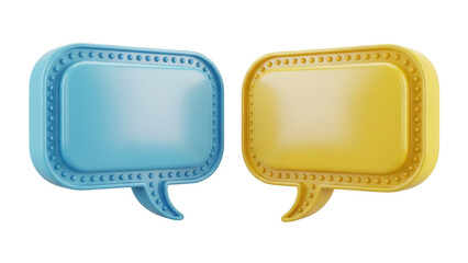Two 3D speech bubbles PNG isolated on transparent background, blue and yellow chat icons for social media and communication design