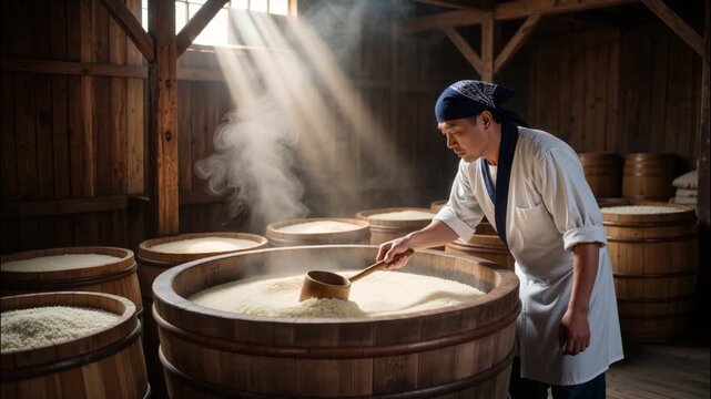 Sake brewer inspecting fermenting rice vats inside traditional Japanese brewery, natural light filtering through wooden beams and illuminating large barrels