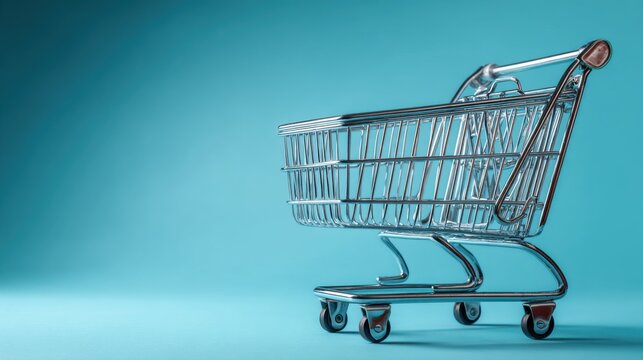 Empty metal shopping cart on a clean blue background. Consumerism, retail, online shopping, and modern purchasing concepts with copy space.