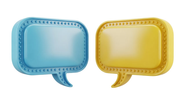 Two 3D speech bubbles PNG isolated on transparent background, blue and yellow chat icons for social media and communication design - Powered by Adobe
