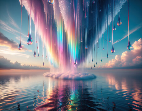 Sky waterfall rainbow over water