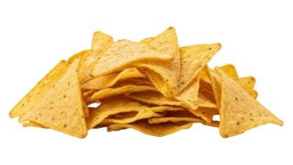 Pile of golden yellow tortilla chips isolated PNG, crunchy snack food on transparent background for party and appetizer concepts