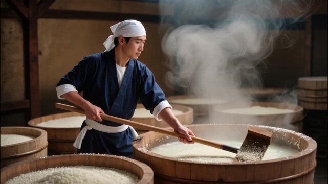 Traditional Japanese master brewer stirring steaming rice in large wooden vat for sake production inside rustic brewery, 4k video footage