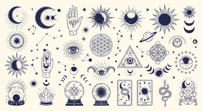 Esoteric mystical celestial vintage illustration set featuring astrological sun moon constellations hand eye crystal ball tarot cards and geometric sacred symbols with ancient occult motifs.