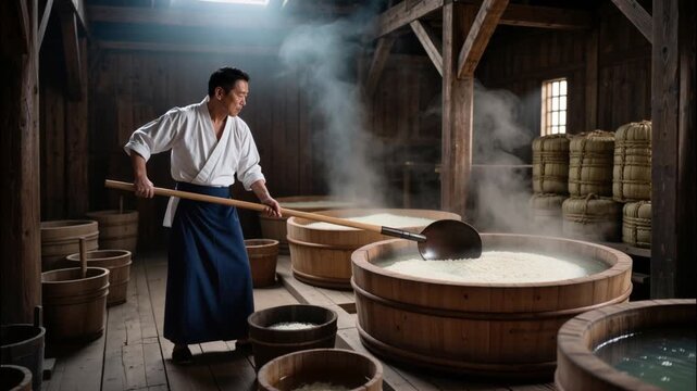 Traditional Japanese master brewer stirring steaming rice in large wooden vat for sake production inside rustic brewery, 4k video footage