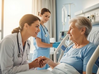 Obraz premium Compassionate doctor holding hand of elderly patient in hospital room