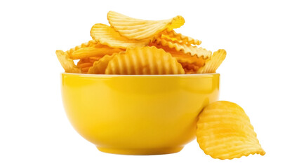 Crispy rippled potato chips in yellow bowl isolated PNG, savory snack food on transparent background for junk food concepts