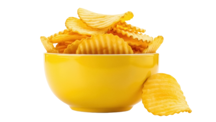 Crispy rippled potato chips in yellow bowl isolated PNG, savory snack food on transparent background for junk food concepts