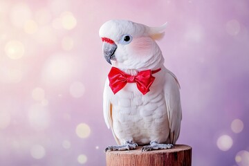 cute white parrot bird with white feathers is standing on a wooden post. It has a red bow tie around its neck. background is colorful with soft lights creating a festive look