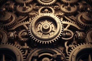 Intricate clockwork mechanism featuring numerous brass and bronze metallic gears