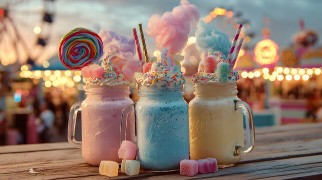 Trio of extravagant pastel milkshakes with cotton candy and lollipops on rustic table at summer carnival dusk