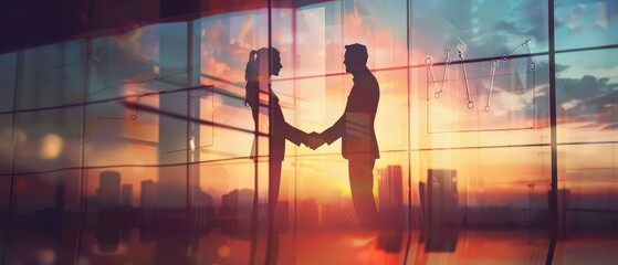 Silhouettes of two business professionals shaking hands in a modern city office at sunset, symbolizing partnership, cooperation, negotiation, and successful corporate agreement in a urban environment.