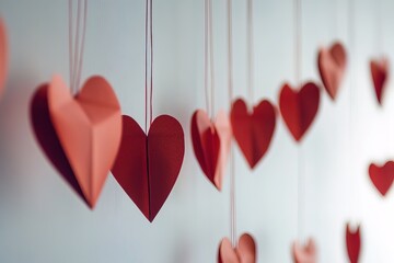 Red paper hearts are suspended from strings on wall. hearts vary in size and create festive look. setup is common for parties or special occasions