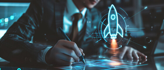 A glowing holographic rocket launch symbolizing a startup concept, displayed above a digital workspace as a person draws and plans innovative business ideas in a futuristic environment.