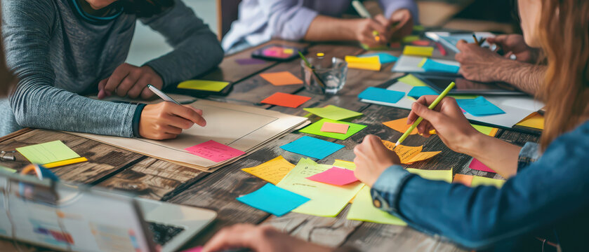 Creative team brainstorming ideas around a wooden table using colorful sticky notes. Collaboration, planning, innovation process, teamwork and modern business workshop concept.