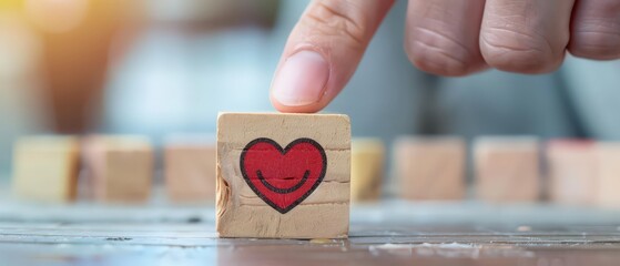 Employee satisfaction and wellbeing concept with a hand selecting a wooden block with smiling heart symbol, representing care, engagement, motivation, and positive workplace culture.