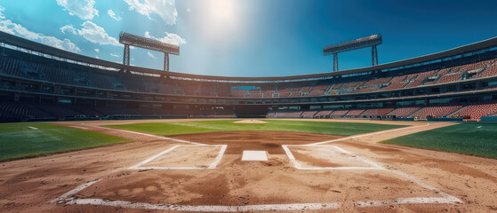 Empty baseball stadium under bright sunlight with green field and blue sky. Professional sports venue, calm atmosphere, symmetry, preparation and outdoor arena setting.
