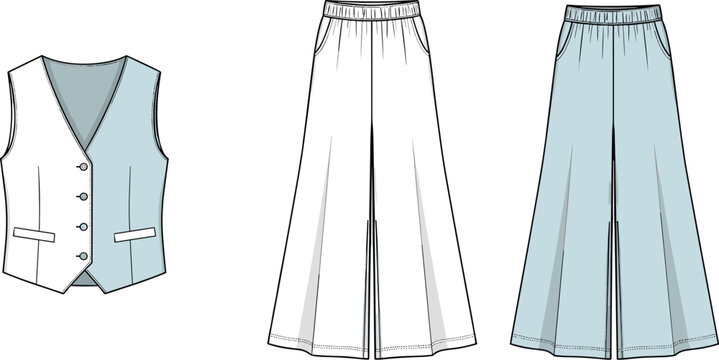 Vest and wide-leg pants set, pleated front, color variation, button-down top, fashion design layout, flat vector illustration