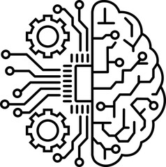 Obraz premium Artificial Intelligence and Circuit Icon. AI Brain, Microchip, Digital Technology Symbols. Cognitive augmentation brain icon with human and circuit hemispheres.